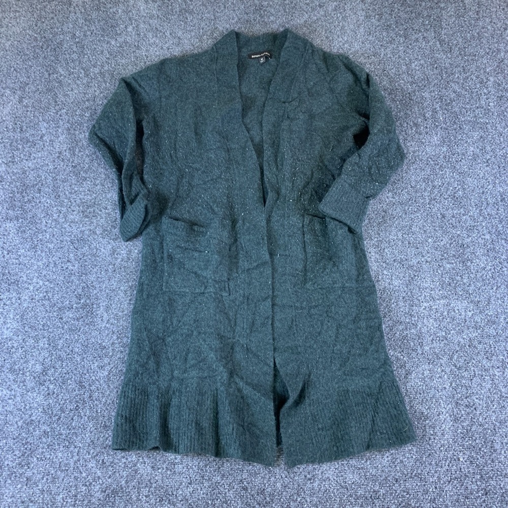 Banana Republic Cardigan Sweater Womens Medium Green Wool Pockets Open Front